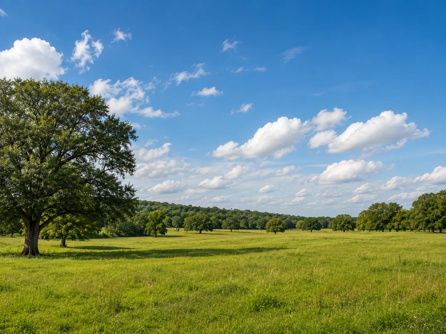 Open green pasture with oak trees under a blue sky — vacant land we buy for cash